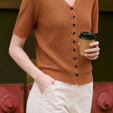 Elegant Commuter V-Neck Vertical Ribbed Knit Top