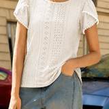 Elegant Commuter Hollow-Out Embroidery Petal Sleeve T-Shirt