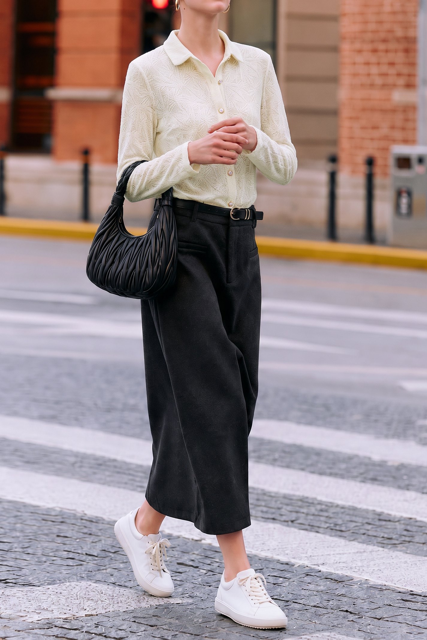 Elegant Commuter Leaf Jacquard Lapel Long-Sleeve Knit Blouse
