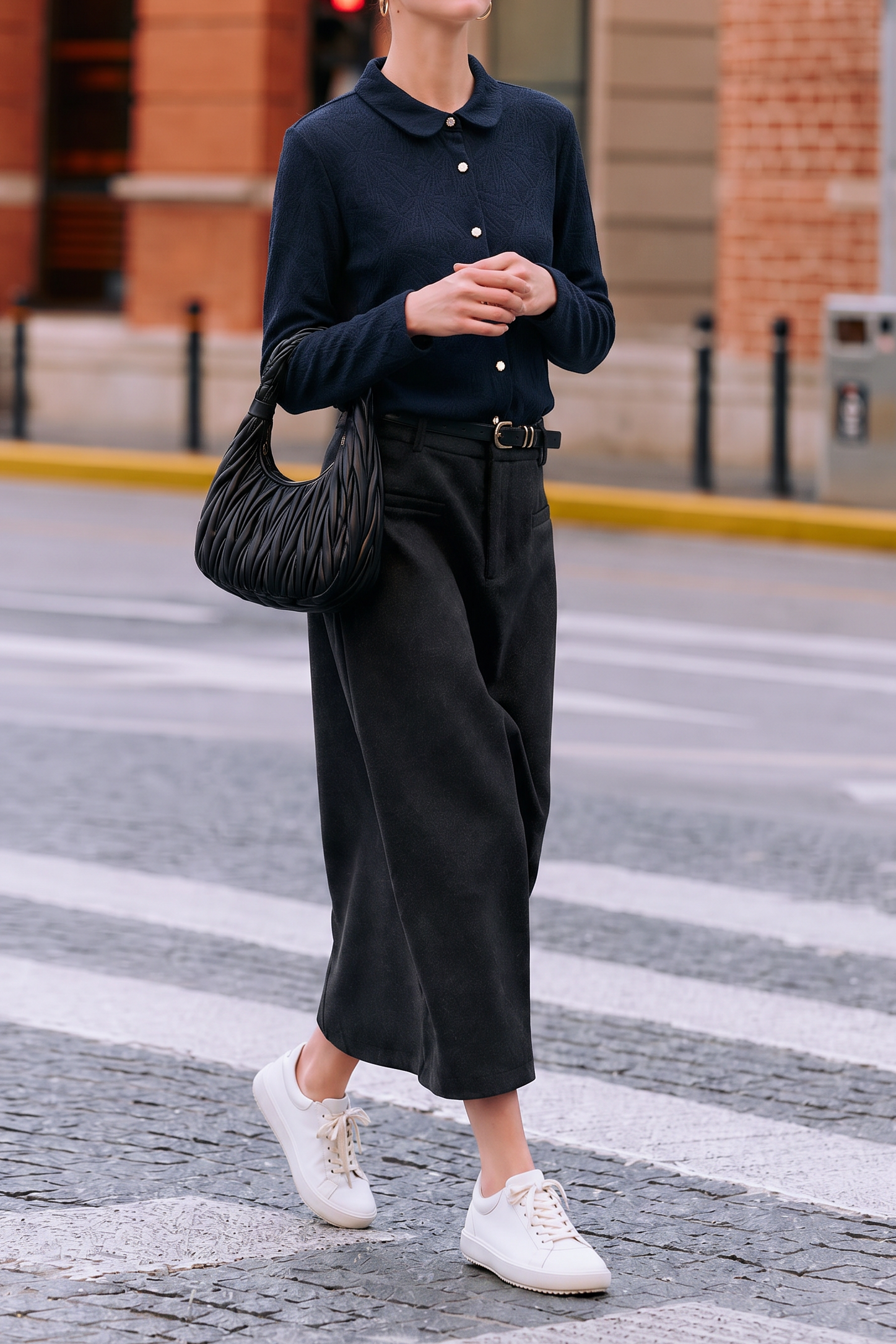 Elegant Commuter Leaf Jacquard Lapel Long-Sleeve Knit Blouse