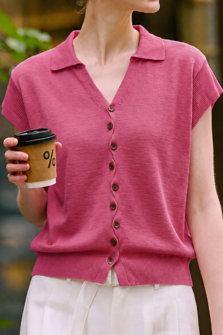 Casual Commuter V-Neck Button Knit Short-Sleeve Cardigan