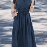 Elegant Commuter Tie Elastic Waist-Cinched Short-Sleeve Dress