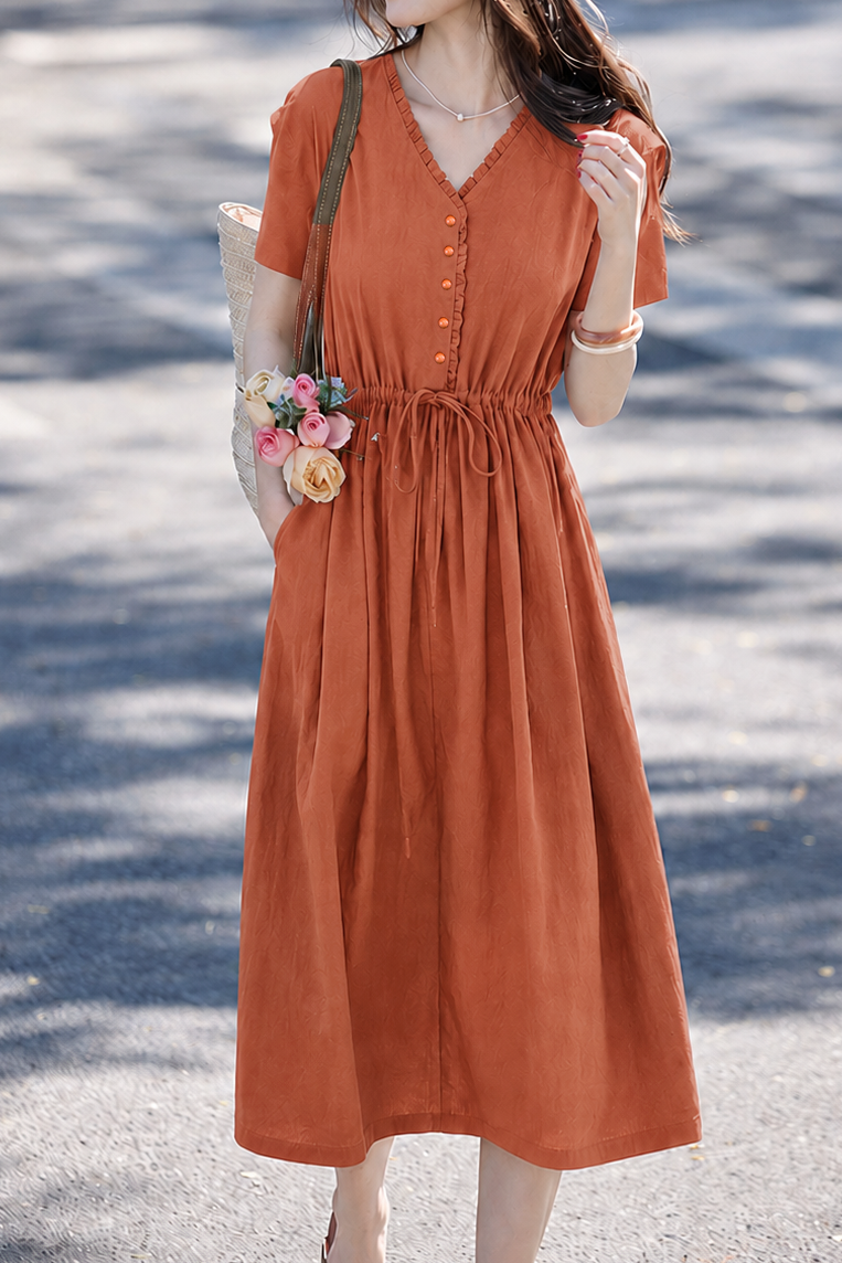Elegant Commuter Tie Elastic Waist-Cinched Short-Sleeve Dress