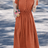 Elegant Commuter Tie Elastic Waist-Cinched Short-Sleeve Dress