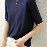Elegant Commuter Crew Neck Color Block Knit Short-Sleeve T-Shirt