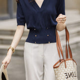 Elegant Commuter V-Neck Double Breasted Gold Button Waist-Cinched Knit Top