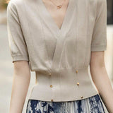 Elegant Commuter V-Neck Double Breasted Gold Button Waist-Cinched Knit Top