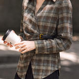 Casual Vintage Plaid Waist-Cinched Buckle Irregular Blouse
