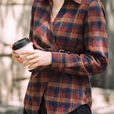 Casual Vintage Plaid Waist-Cinched Buckle Irregular Blouse