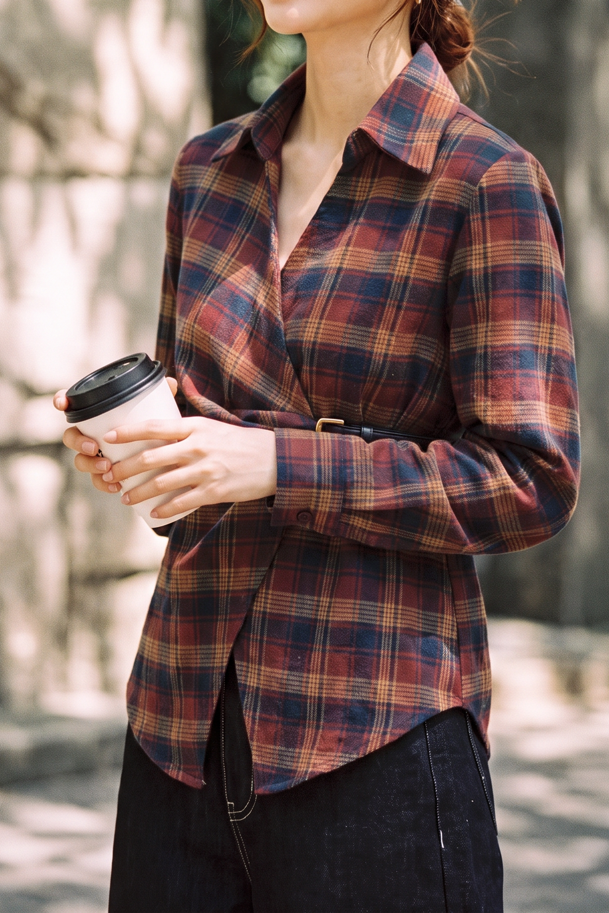 Casual Vintage Plaid Waist-Cinched Buckle Irregular Blouse