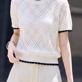 Elegant Commuter Crew Neck Color-Block Lace Short-Sleeve Knit Top