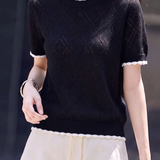 Elegant Commuter Crew Neck Color-Block Lace Short-Sleeve Knit Top
