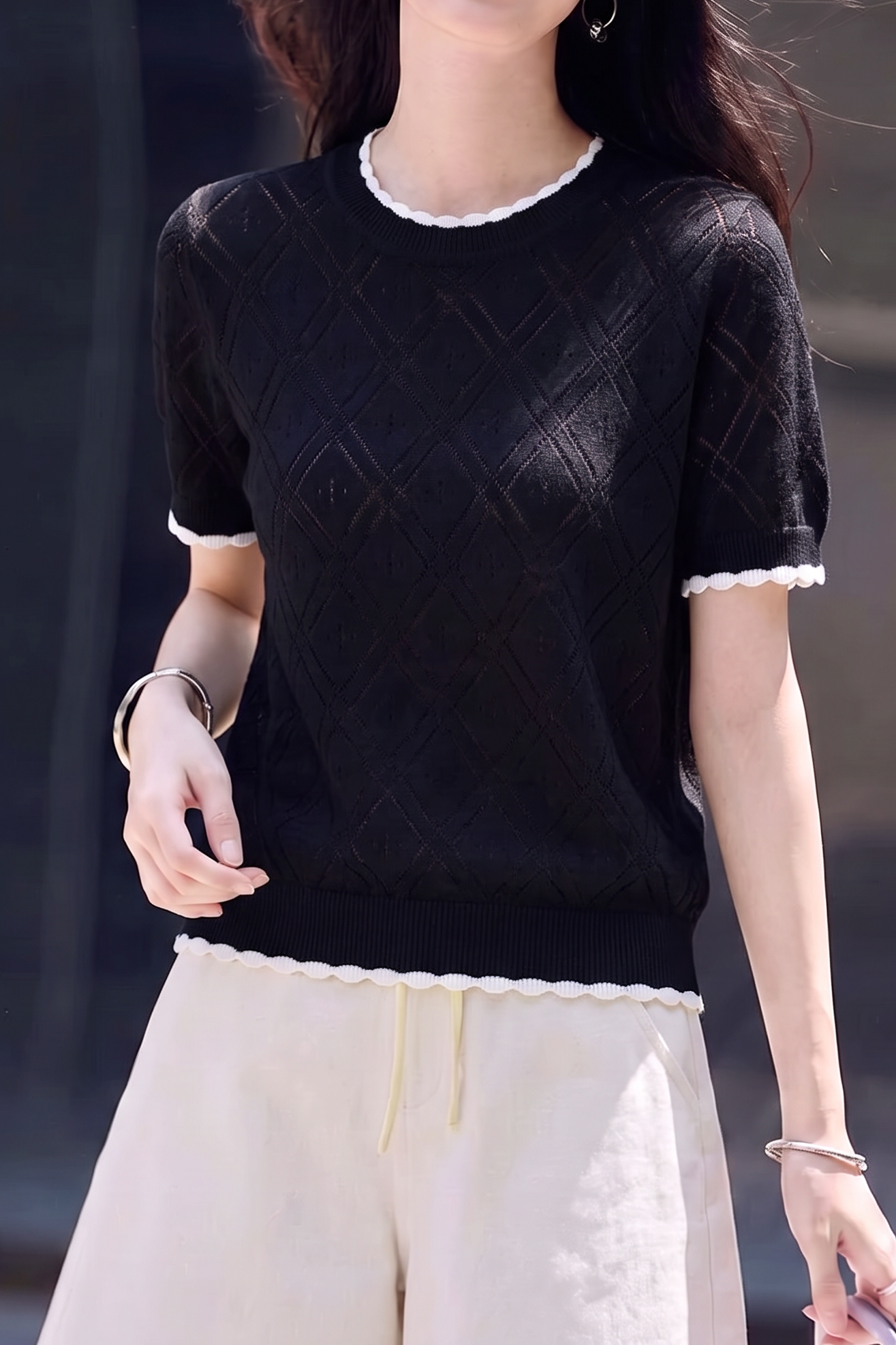 Elegant Commuter Crew Neck Color-Block Lace Short-Sleeve Knit Top