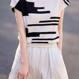 Elegant Commuter Contrast Crew Neck Ice Silk Short-Sleeve Knit Top