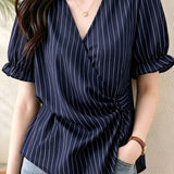 French Elegant Commuter V-Neck Striped Waist Tie Flared Sleeve Blouse