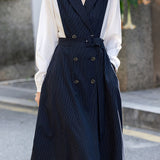 Exquisite Commuter Faux Two-Piece Vertical Striped Lapel Double-Breasted Dress