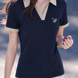 Elegant Commuter Contrast Lapel Swan Embroidery Short-Sleeve T-Shirt