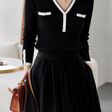 Elegant Commuter Vertical Rib Contrast Trim V-Neck Shell Button Long-Sleeve Knit Top