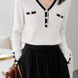 Elegant Commuter Vertical Rib Contrast Trim V-Neck Shell Button Long-Sleeve Knit Top