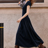 French Elegant V-Neck Full Skirt Short-Sleeve Knit Dress