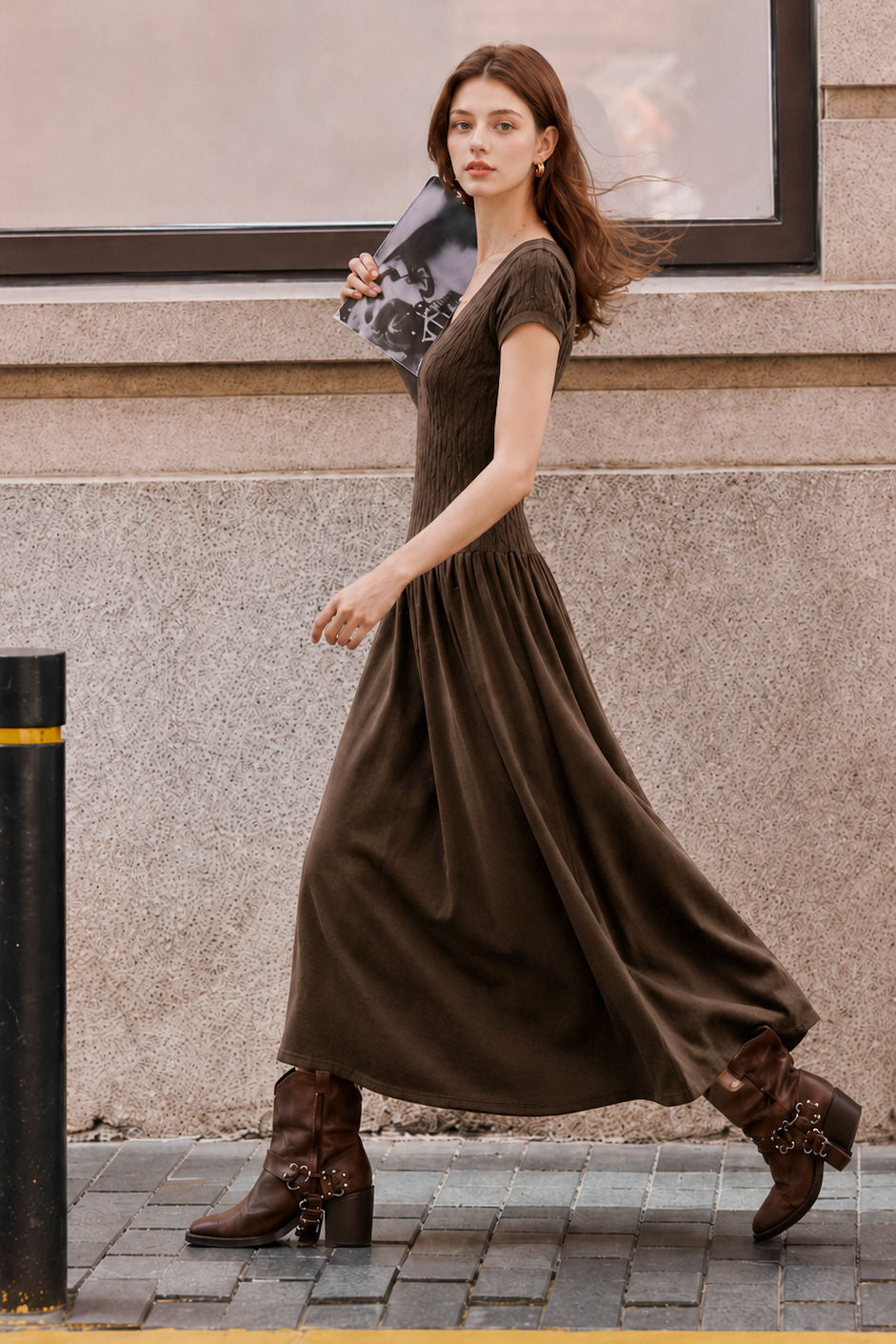 French Elegant V-Neck Full Skirt Short-Sleeve Knit Dress