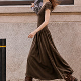 French Elegant V-Neck Full Skirt Short-Sleeve Knit Dress