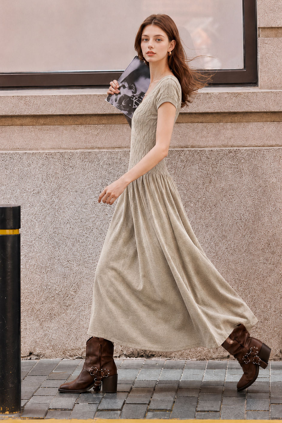 French Elegant V-Neck Full Skirt Short-Sleeve Knit Dress