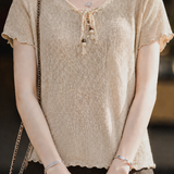 Casual Ruffled Beaded Tie Linen Knit Top