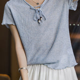 Casual Ruffled Beaded Tie Linen Knit Top