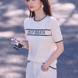 Elegant Commuter Ice Silk Crew Neck Jacquard Letter Color Block Short-Sleeve Knit Top