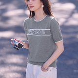 Elegant Commuter Ice Silk Crew Neck Jacquard Letter Color Block Short-Sleeve Knit Top