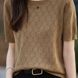 Elegant Commuter Crew Neck Hollow-Out Short-Sleeve Knit Top
