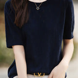 Elegant Commuter Crew Neck Hollow-Out Short-Sleeve Knit Top