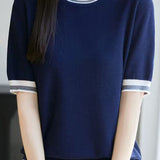 Elegant Commuter Contrast Double Stripe Crew Neck Short-Sleeve Knit T-Shirt