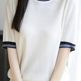 Elegant Commuter Contrast Double Stripe Crew Neck Short-Sleeve Knit T-Shirt