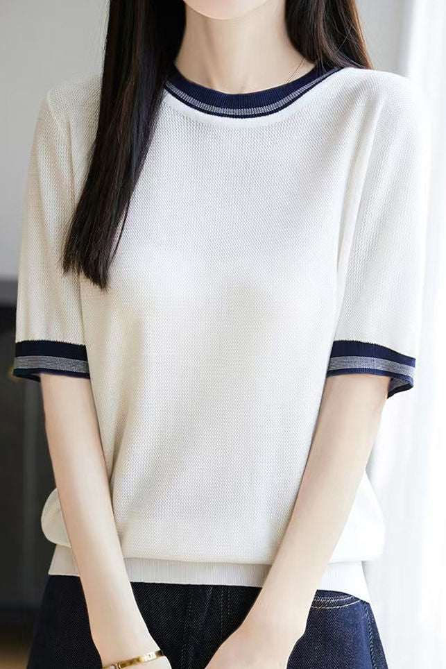 Elegant Commuter Contrast Double Stripe Crew Neck Short-Sleeve Knit T-Shirt