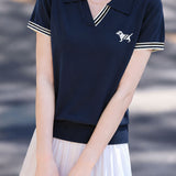 Elegant Commuter Contrast Stripe Puppy Embroidery T-Shirt