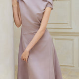 Elegant Commuter Off-The-Shoulder Capped Sleeve Waist-Cinched Dress