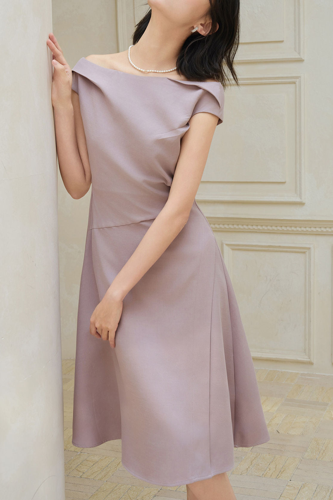 Elegant Commuter Off-The-Shoulder Capped Sleeve Waist-Cinched Dress
