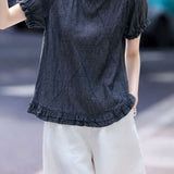 Casual Commuter Denim Ruffled Flutter Sleeve Crew Neck Blouse
