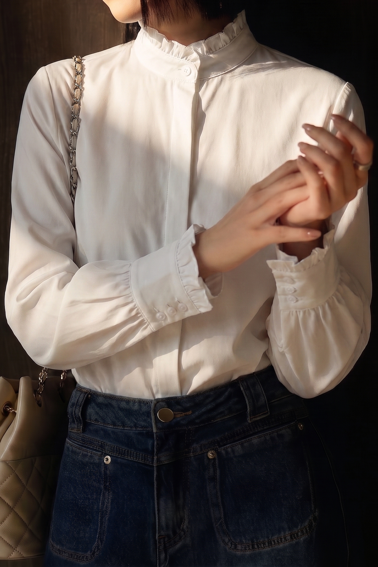 French Vintage Commuter Ruffled Stand Collar Blouse