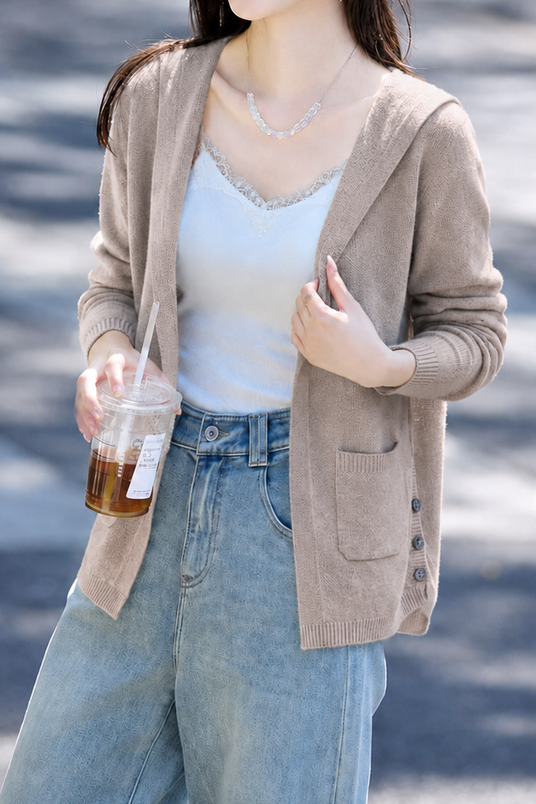 Casual Minimalist Hooded Patch Pocket Midi Cardigan