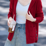 Casual Minimalist Hooded Patch Pocket Midi Cardigan