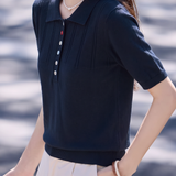 Elegant Commuter Polo Neck Hollow-Out Color Button Short-Sleeve Knit Top