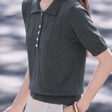 Elegant Commuter Polo Neck Hollow-Out Color Button Short-Sleeve Knit Top