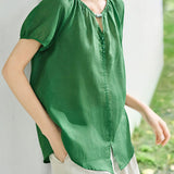 French Elegant Crew Neck Puffed Short-Sleeve Blouse