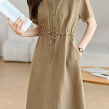Exquisite Elegant V-Neck Drawstring Waist Short-Sleeve Dress