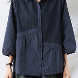 Elegant Casual Striped Lapel Irregular Spliced Seven-Quarter Sleeve Blouse