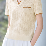Elegant Commuter Wavy Hollow Contrast Polo Neck T-Shirt