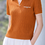 Elegant Commuter Wavy Hollow Contrast Polo Neck T-Shirt